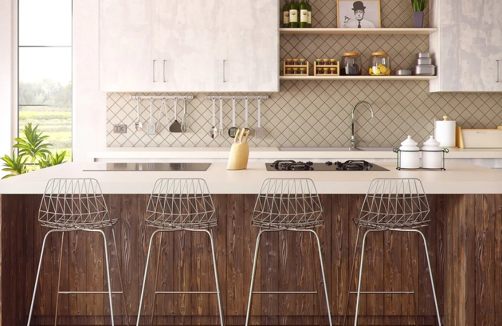 A modern kitchen featuring a white countertop, wooden cabinets, and smart technology appliances for enhanced functionality.
A modern kitchen featuring a white countertop, wooden cabinets, and smart technology appliances for enhanced functionality.