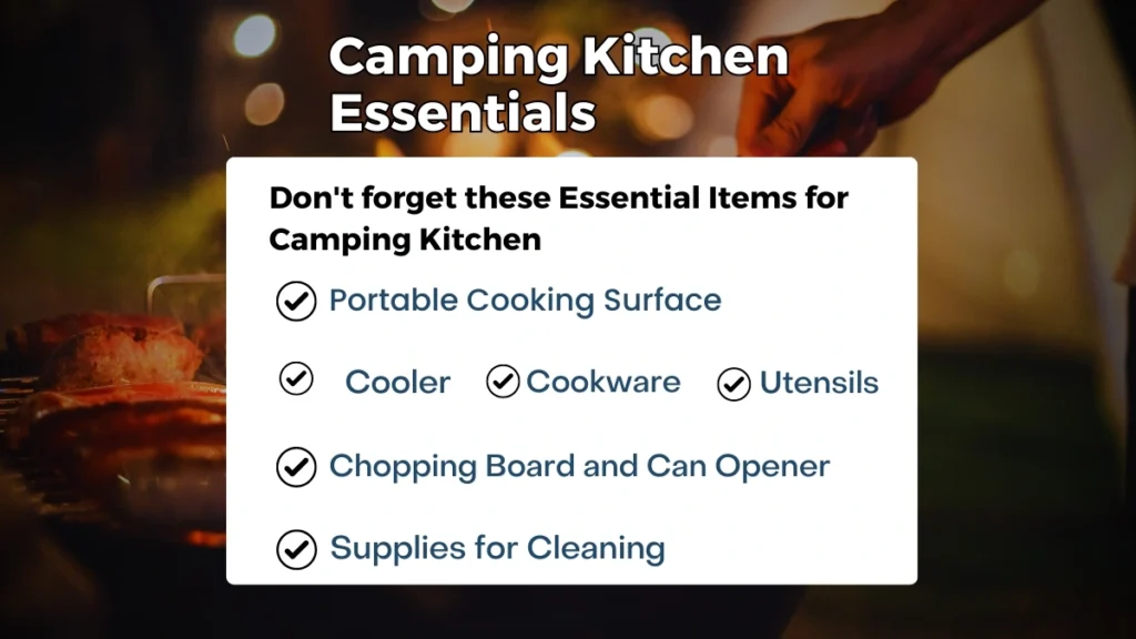 Camping kitchen essentials with a cooking surface, cooler, utensils, cookware, chopping board, and cleaning supplies.