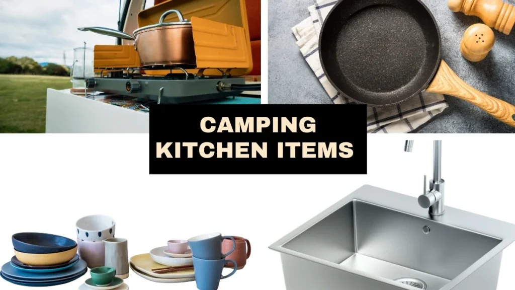 Collage of essential camping kitchen items including a portable stove, cookware, utensils, dishes, and a camping sink.