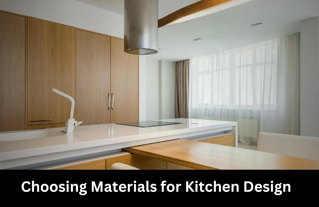 A designer selects various materials for a modern kitchen design and showcases countertops, cabinets, and flooring samples.