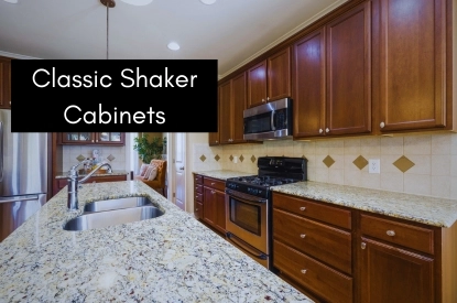 Classic shaker cabinets featuring a timeless design with clean lines and a versatile finish, ideal for any kitchen decor.