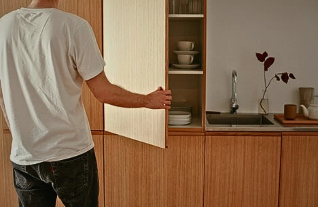 A man is positioned in front of a kitchen cabinet, considering the cons of using traditional kitchen cabinets in his home.