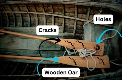 Visual instructions for crafting a wooden boat, highlighting oars that show cracks and holes.