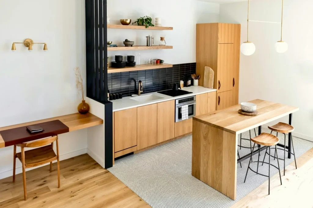 Cozy kitchen with wooden cabinets and counter that show the relaxing features of a modern kitchen.