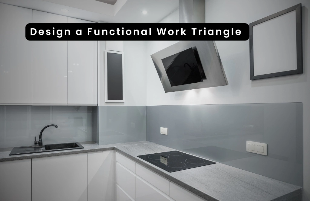  A stylish kitchen showcasing white cabinetry and countertops, emphasizing a functional work triangle for ease of use.