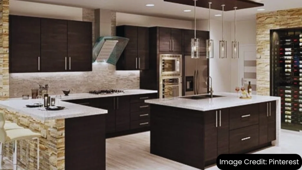 Modern kitchen with dark brown European cabinets, white countertops, and a large island with bar stools.