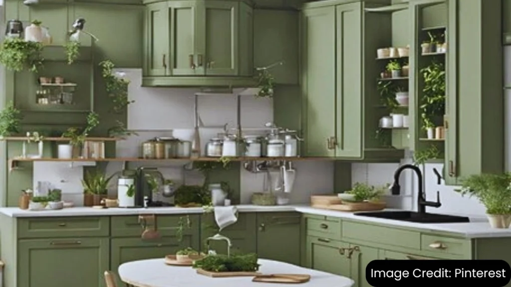  Modern kitchen with high-gloss green cabinets, open shelving, and a round dining table.