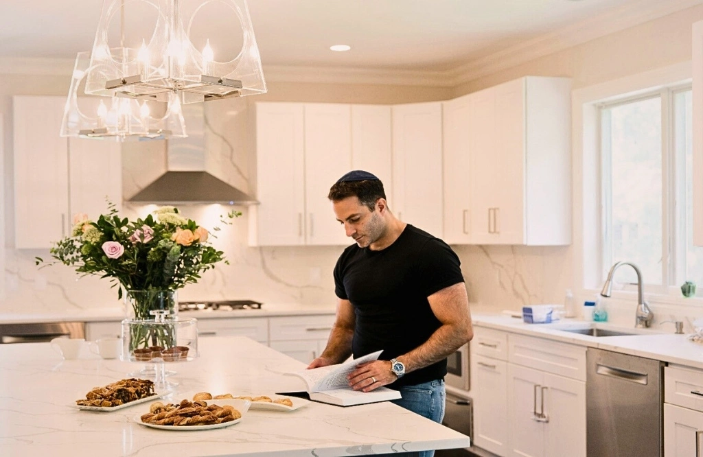 A man standing in a kitchen with a white countertop and island, thinking about including a kitchen island.