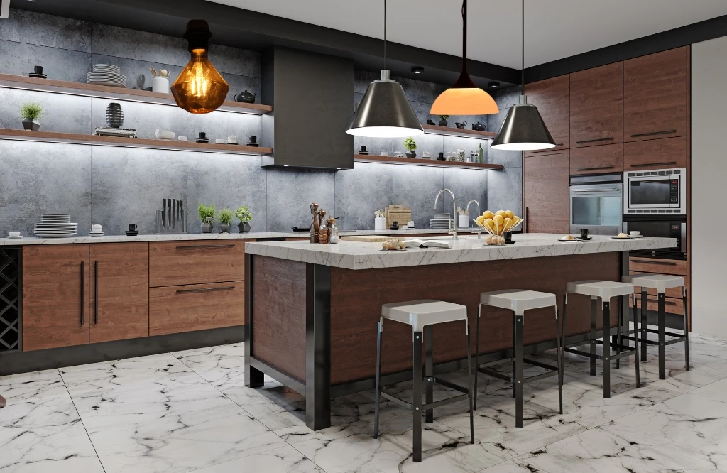 Cozy kitchen with marble counters, wooden cabinets, and warm lighting.