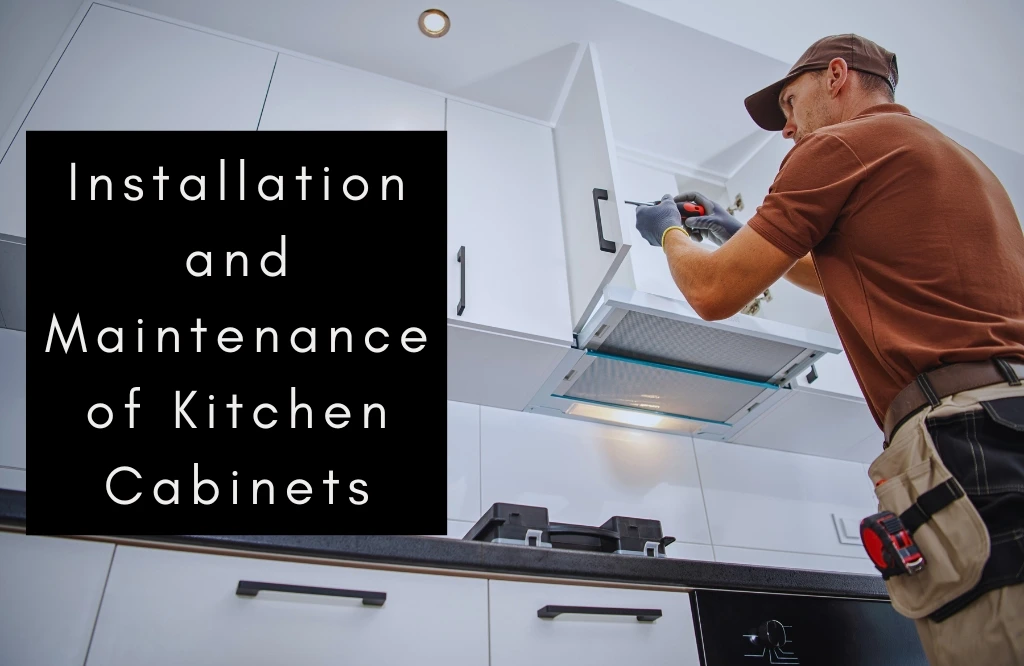 A man carefully installs a kitchen cabinet, demonstrating expertise in cabinet installation and maintenance techniques.