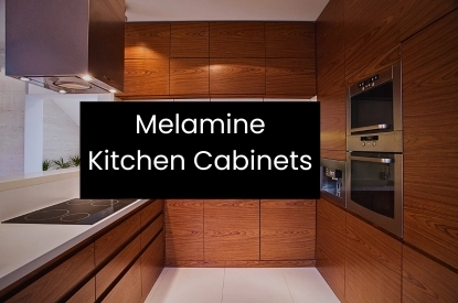 A modern kitchen featuring sleek melamine cabinets in a stylish design, showcasing a clean and organized space.