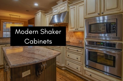 Modern shaker cabinets displayed for sale, showcasing sleek lines and contemporary design in a stylish kitchen setting.