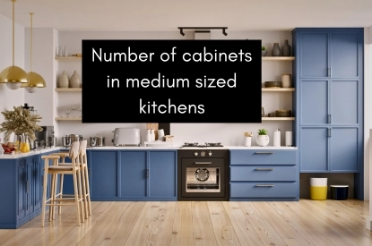 A medium-sized kitchen with blue cabinetry and a polished countertop, reflecting a blend of style and practicality in design.