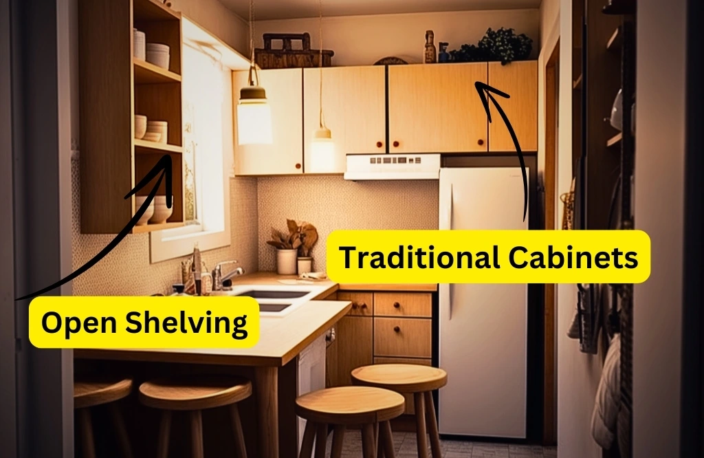 A stylish kitchen displaying a sink, refrigerator, and stove, emphasizing the choice between open shelving and traditional cabinetry.