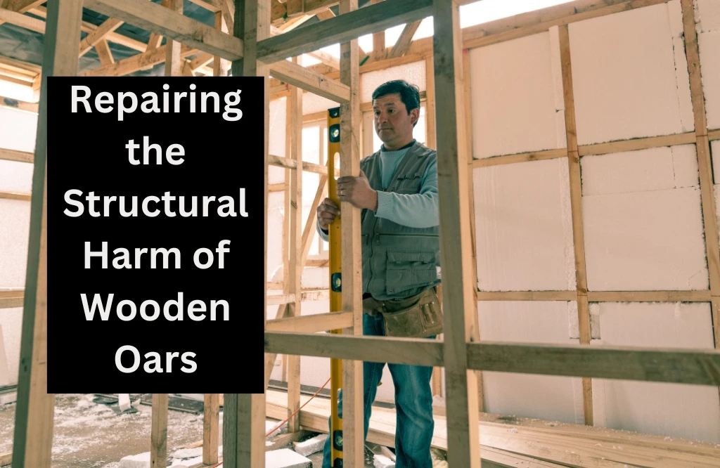 A man stands by a wooden door, trying to fix the structural issues in wooden oars.