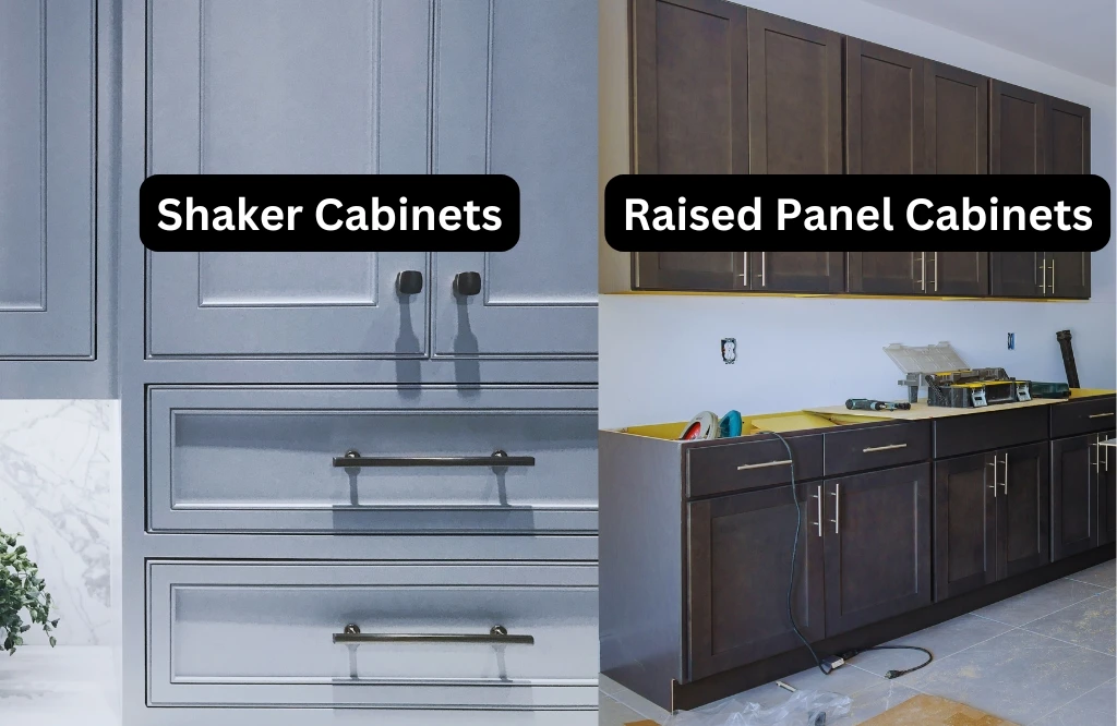 A kitchen undergoing renovation, with shaker cabinets being installed, illustrating a choice over raised panel cabinets.