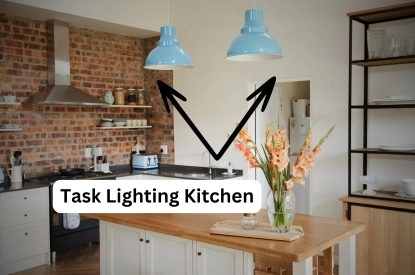 A well-lit kitchen featuring a stylish light fixture above the counter, enhancing task lighting for cooking and preparation.