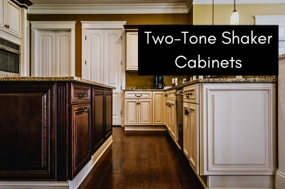 Elegant two-tone shaker cabinets with a harmonious color combination, enhancing the aesthetic appeal of the kitchen space.