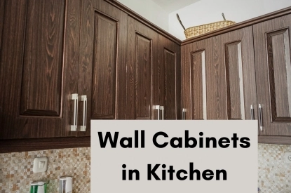 Wall cabinets in a kitchen adorned with a text overlay, highlighting stylish organization and contemporary aesthetics.