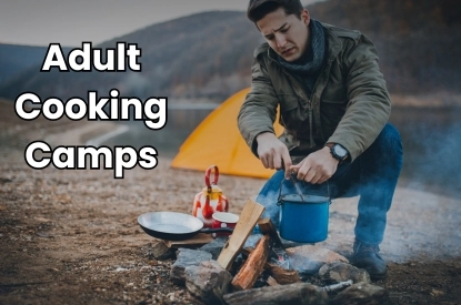 Outdoor culinary experience at adult cooking camps with a participant using a pot over a campfire.