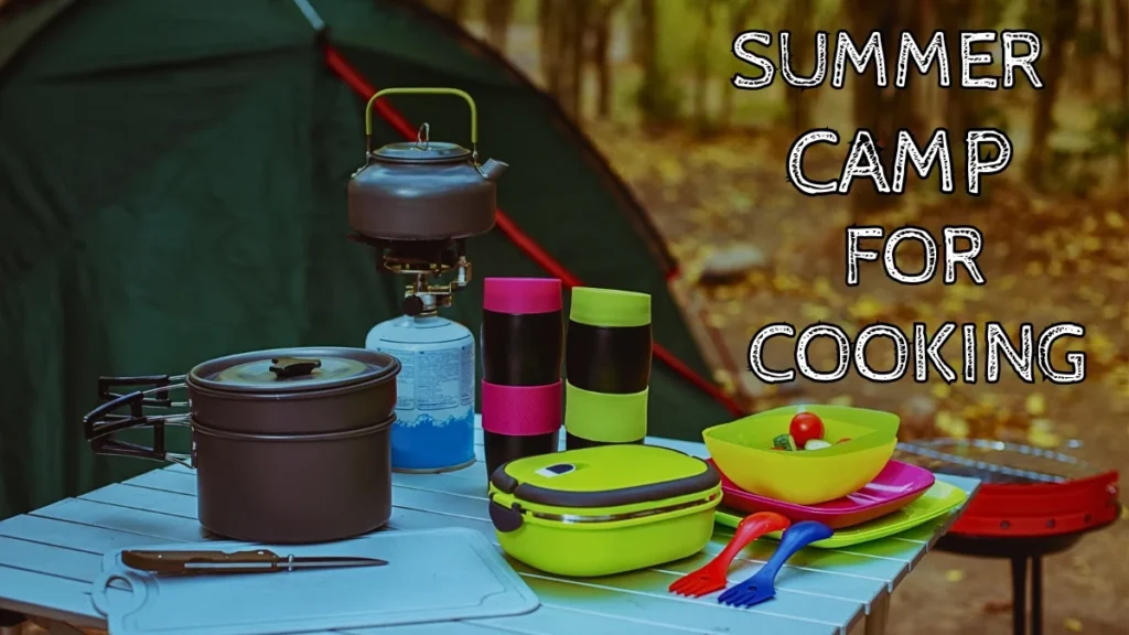 Summer camp for cooking outdoors with a fully equipped camping kitchen setup, including stove and utensils.