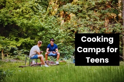 Teenagers enjoying a cooking camp experience in a lush outdoor environment, focused on culinary activities.