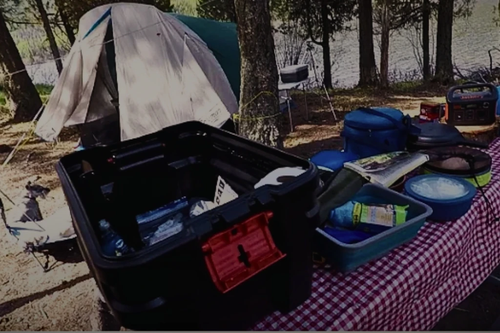 Camping equipment, including a tent, cooler, and portable power station, is set up near a lake, showcasing how to pack kitchen items.