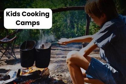 Children learning cooking skills at an outdoor campfire-based kids cooking camp.