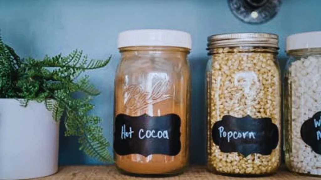 Kitchen organization with labeled mason jars with hot cocoa, popcorn, and ingredients for food storage.