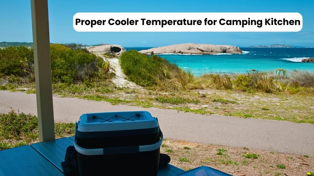 Camping cooler placed at a campsite near the beach, highlighting the need for maintaining food temperature during camping.