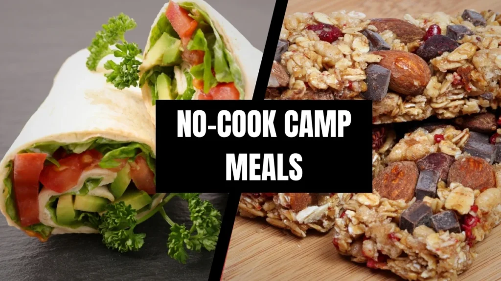 A colorful wrap and sandwiches next to a Trail Mix and Energy Bars, accompanied by the words "No-Cook Camp Meal."