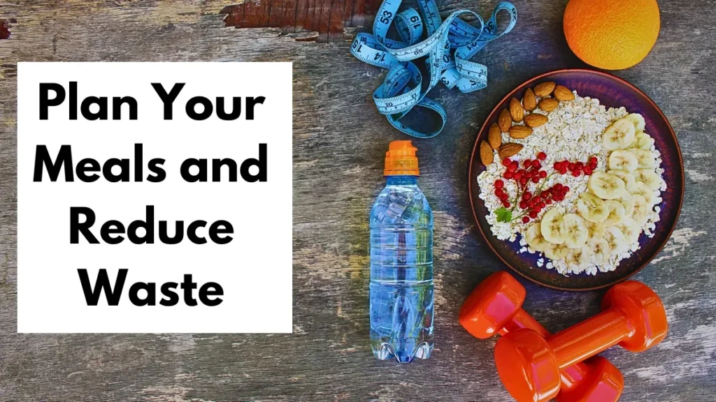 Healthy meal plan with fruit, oats, water bottle, and dumbbells promoting waste reduction