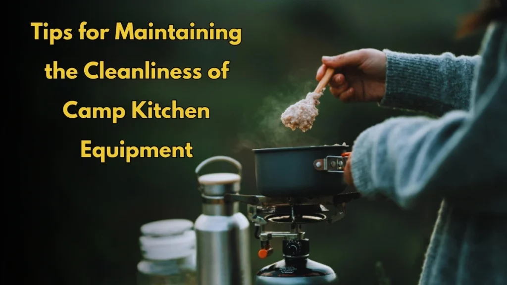 Person stirring food in a pot on a portable camping stove, demonstrating tips for maintaining the cleaning of camping kitchen equipment.