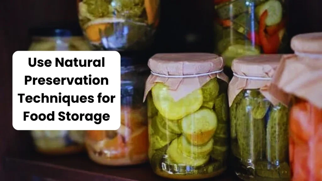 Glass jars with preserved vegetables using natural preservation methods on a wooden shelf.