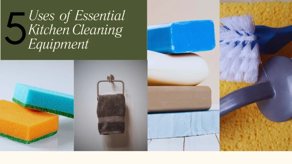 Five uses of camp kitchen cleaning tools featuring sponges, towels, soap, and brushes.