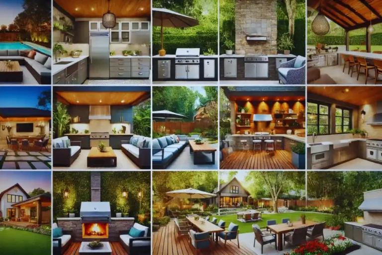 A collage of 10 stylish outdoor kitchen designs, showcasing contemporary aesthetics and functional layouts.