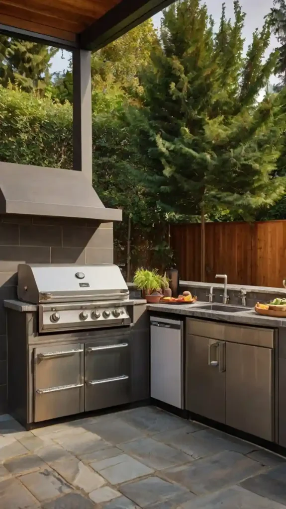 L-shaped outdoor kitchen with stainless steel grill, dishwasher, sink, and wooden pergola, surrounded by greenery for a cozy setup.