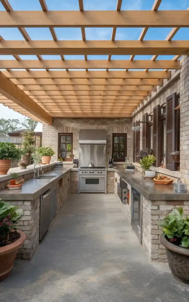 U-shaped outdoor kitchen with brick walls, stainless steel appliances, concrete countertops, and a wooden pergola, creating a functional cooking space.