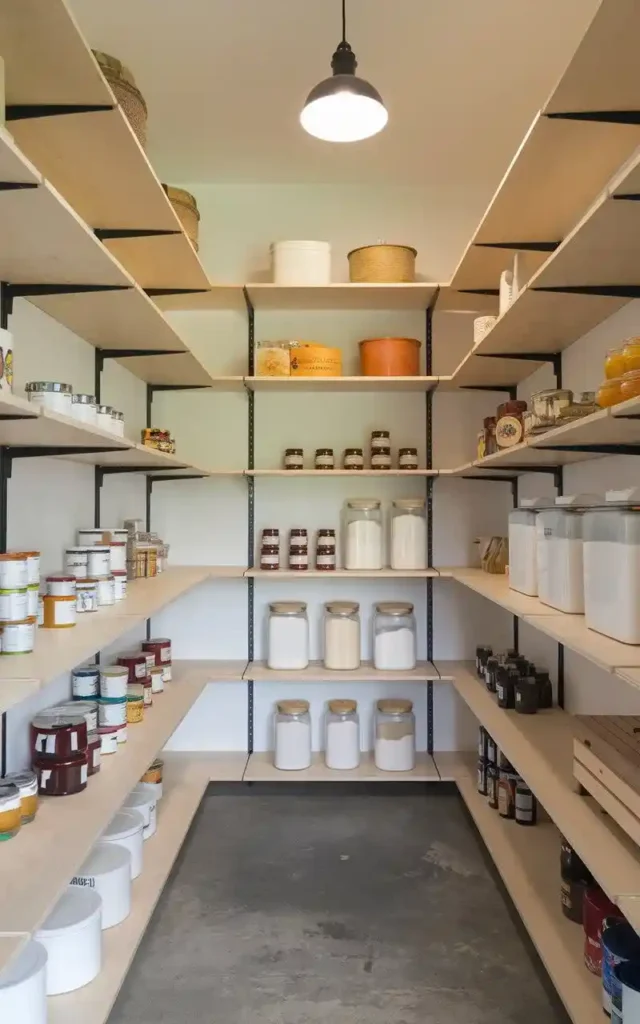 Adjustable shelving units in a modern pantry for versatile storage.