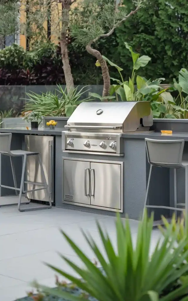 All-weather stainless steel outdoor kitchen setup with seating