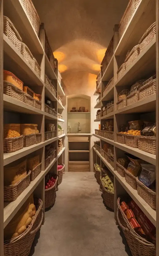 Efficiently store bulk items in stylish baskets for a neat and organized pantry.