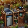 A compact outdoor kitchen featuring a stainless steel grill, portable gas stove with a wok, a mini fridge, and various potted herbs and plants in a garden setting.