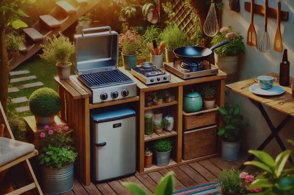 A compact outdoor kitchen featuring a stainless steel grill, portable gas stove with a wok, a mini fridge, and various potted herbs and plants in a garden setting.