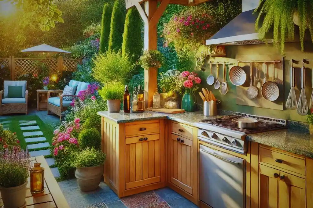 A beautiful outdoor kitchen with wooden cabinets and granite countertops, surrounded by a lush garden, showcasing durable weatherproof materials.