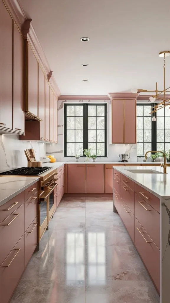 Blush pink kitchen with gold accents and modern fixtures.