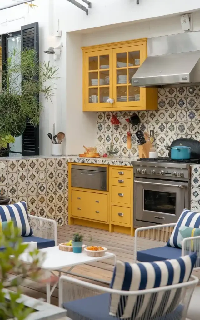 An outdoor kitchen showcasing bold yellow cabinets and intricate tile work, creating a vibrant cooking space.