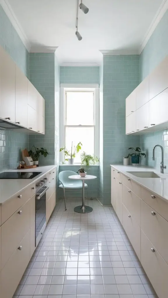 A bright kitchen with a light blue tile backsplash, white cabinets, and a small dining table.