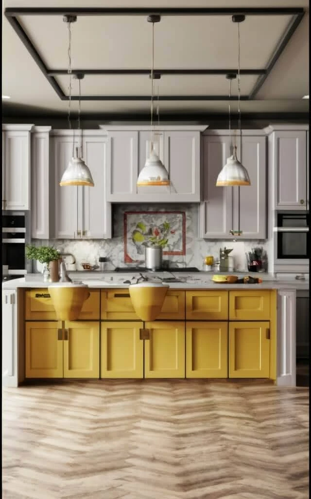 Bright yellow kitchen cabinets with modern lighting and marble accents.