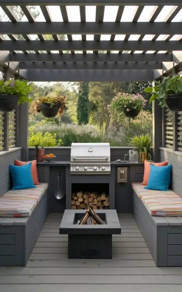 built-in benches with cushions surrounding small outdoor kitchen and fire pit