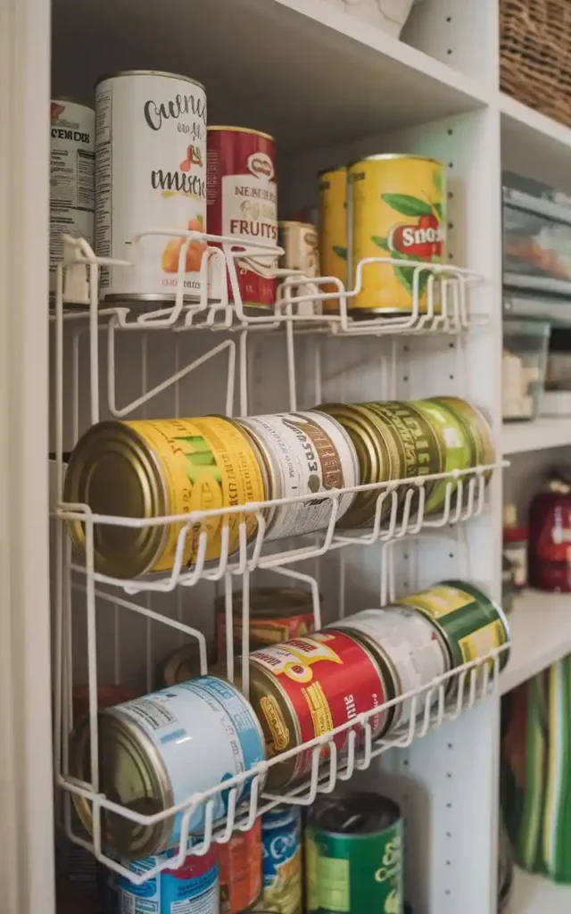 Organizers for canned goods in a pantry for efficient storage.